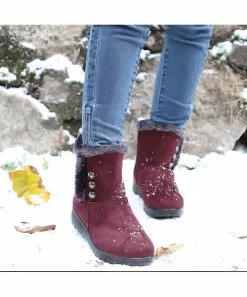 Best deal 🎁 RXFSP Red Wine Button-Accent Faux Fur-Lined Snow Boot - 👩 Women 🎁 -RXFSP-shop zu100068162 alt 2 tm1666647650