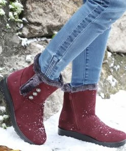 Best deal 🎁 RXFSP Red Wine Button-Accent Faux Fur-Lined Snow Boot - 👩 Women 🎁