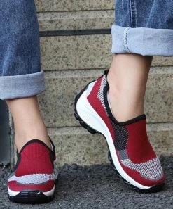 Brand new ⌛ RXFSP Wine Red & Gray Mesh Slip-On 👟 Sneaker - 👩 Women ✔️ -RXFSP-shop zu102544316 alt 3 tm1641325878