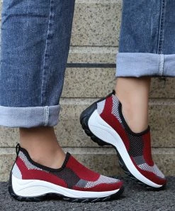 Brand new ⌛ RXFSP Wine Red & Gray Mesh Slip-On 👟 Sneaker - 👩 Women ✔️