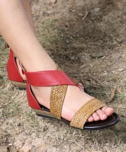 Best Sale 🛒 RXFSP Red & Natural Woven Crisscross Gladiator 🩴 Sandal - 👩 Women 🔔
