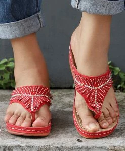 Discount 🎉 RXFSP Red Rhinestone-Studded T-Strap 🩴 Sandal - 👩 Women ❤️ -RXFSP-shop zu105026490 alt 2 tm1649766639