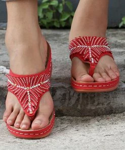 Discount 🎉 RXFSP Red Rhinestone-Studded T-Strap 🩴 Sandal - 👩 Women ❤️ -RXFSP-shop zu105026490 alt 4 tm1649766639
