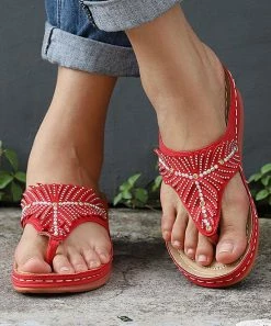 Discount 🎉 RXFSP Red Rhinestone-Studded T-Strap 🩴 Sandal - 👩 Women ❤️