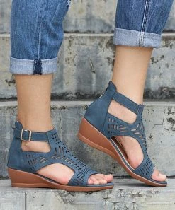Best Sale 💯 RXFSP Navy Blue Cutout Wedge 🩴 Sandal - 👩 Women 🎉 -RXFSP-shop zu105034556 alt 4 tm1649766639