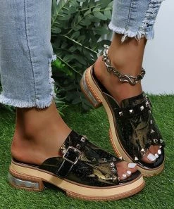 Buy 🔔 RXFSP Black Stud-Accent Perforated Slide - 👩 Women ⌛