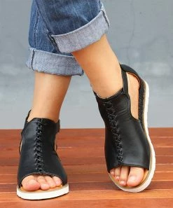 Outlet 🌟 RXFSP Black Lace-Up Wedge 🩴 Sandal - 👩 Women ✔️