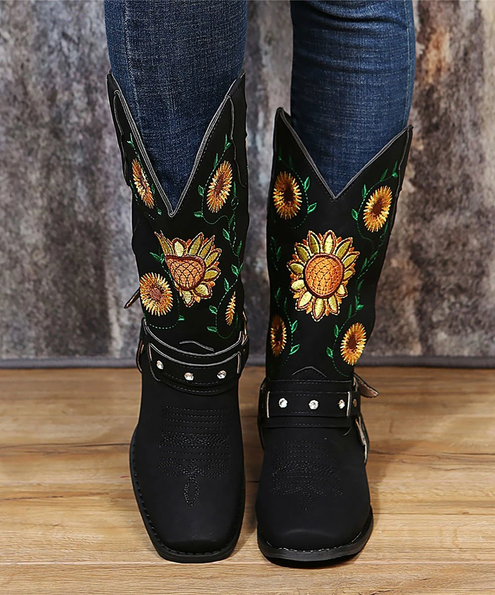 Promo ✔️ RXFSP Black & Yellow Floral Mid-Calf Boot - 👩 Women ✔️ 4 Promo ✔️ RXFSP Black & Yellow Floral Mid-Calf Boot - 👩 Women ✔️ - Image 2