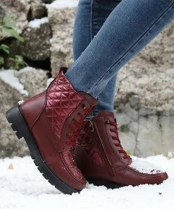 New 👍 RXFSP Wine Red Quilt-Accent Lace-Up Combat Boot - 👩 Women 💯 -RXFSP-shop zu110410832 alt 2 tm1667915884