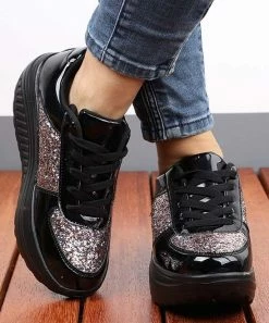Top 10 ⭐ RXFSP Black Glitter Leather Platform 👟 Sneaker - 👩 Women ❤️