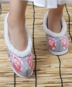 Hot Sale 😀 RXFSP Gray Floral Embroidered Beaded Faux Fur-Trim Sweep-Toe Wedge - 👩 Women ⌛ -RXFSP-shop zu99218888 alt 2 tm1630523952