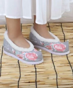 Hot Sale 😀 RXFSP Gray Floral Embroidered Beaded Faux Fur-Trim Sweep-Toe Wedge - 👩 Women ⌛ -RXFSP-shop zu99218888 alt 3 tm1630523952